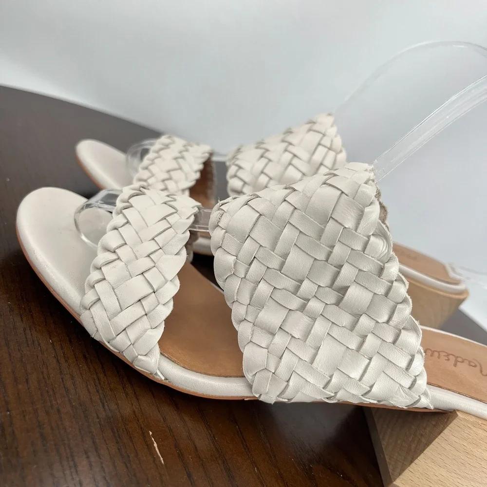 Madewell Kiera Sandals Women 6.5 Pale Oyster Woven Leather Block Heel Mule AM223 - Picture 13 of 16